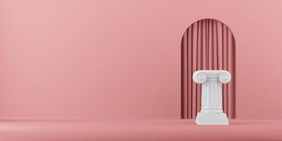 columna de podio abstracta sobre el fondo rosa con arco. el pedestal de la victoria es un concepto minimalista. representación 3d foto