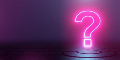 Neon glowing question mark abstract blue and pink background. 3d rendering photo