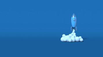 Space rocket cartoon style takes off. Startup business concept. Stylish minimal abstract horizontal scene, place for text. Trendy classic blue color. 3D rendering photo
