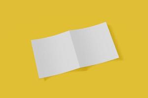 folleto cuadrado de maqueta, folleto, invitación aislado en un fondo amarillo con tapa blanda y sombra realista. representación 3d foto