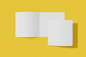 Two Mockup square booklet, brochure, invitation isolated on a yellow background with soft cover and realistic shadow. 3D rendering. photo