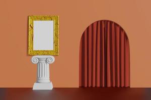 Vertical vintage mockup picture frame gold color stand on a column on a coral wall background. Abstract multicolored cartoon interior with arch. 3D rendering photo