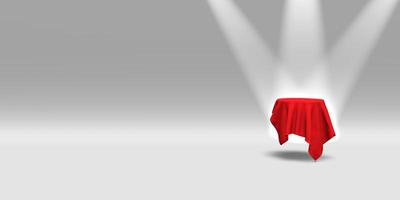 Podium, pedestal or platform covered with red cloth illuminated by spotlights on white background. Abstract illustration of simple geometric shapes. 3D rendering. photo