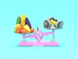 Fresh vegetables and dumbbells on different scales. Conceptual illustration with empty place for text. 3d rendering photo