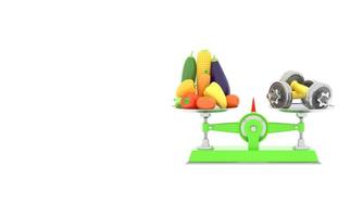 Fresh vegetables and dumbbells on different scales. Conceptual illustration with empty place for text. 3d rendering photo