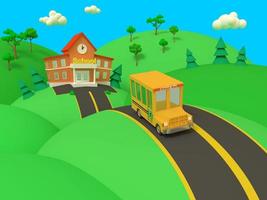 School building and yellow bus with green summer beautiful landscape. Back to school. Volumetric style illustration. 3D render. photo