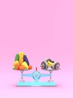 Fresh vegetables and dumbbells on different scales. Conceptual illustration with empty place for text. 3d rendering photo