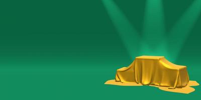 Podium, pedestal or platform covered with gold cloth illuminated by spotlights on green background. Abstract illustration of simple geometric shapes. 3D rendering. photo