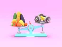 Fresh vegetables and dumbbells on different scales. Conceptual illustration with empty place for text. 3d rendering photo