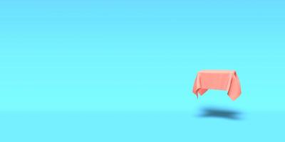 Podium, pedestal or platform covered with pink cloth on blue background. Abstract illustration of simple geometric shapes. 3D rendering. photo