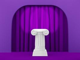 columna de podio abstracta en el arco de fondo fucsia con curtian fucsia. el pedestal de la victoria es un concepto minimalista. representación 3d foto