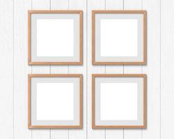 Set of 4 square wooden frames mockup with a border hanging on the wall. Empty base for picture or text. 3D rendering. photo