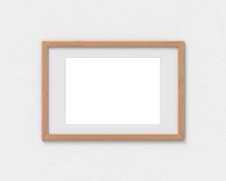 Horizontal wooden frames mockup with a border hanging on the wall. Empty base for picture or text. 3D rendering. photo