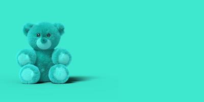 Blue toy bear is sitting on the floor on a blue background. Abstract image. Minimal concept toys business. 3D render. photo