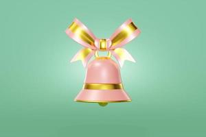 campana de navidad color rosa decorada con cinta colgante dorada. fondo verde de diseño de concepto de juguete elegante. símbolo elegante año nuevo. representación 3d foto