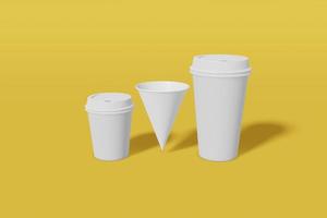 Set of three white paper mockup cups of different sizes - large, small and cone shaped on a yellow background. 3D rendering