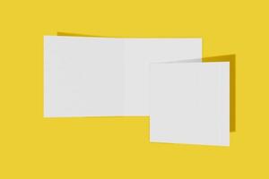 Two Mockup square booklet, brochure, invitation isolated on a yellow background with hard cover and realistic shadow. 3D rendering. photo