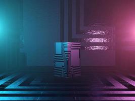 Abstract podium, pedestal or platform - a cube with Sci-Fi texture on a dark futuristic background. The concept of the city or the interior of the future. 3d rendering photo