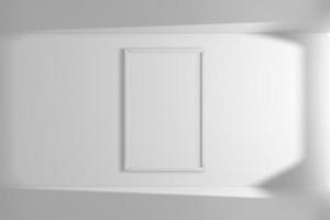marco de imagen de maqueta vertical de color blanco colgado en la pared. interiores sencillos. cuarto brillante. luz y sombra de la ventana. representación 3d foto