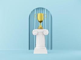 Abstract podium column with a golden trophy on the blue background with arch. The victory pedestal is a minimalist concept. 3D rendering. photo