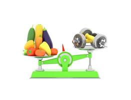 Fresh vegetables and dumbbells on different scales. Conceptual illustration with empty place text. 3d rendering photo