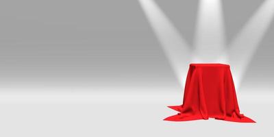 Podium, pedestal or platform covered with red cloth illuminated by spotlights on white background. Abstract illustration of simple geometric shapes. 3D rendering. photo