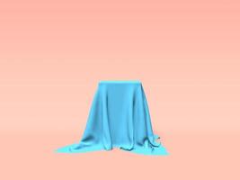 Podium, pedestal or platform covered with blue cloth on pink background. Abstract illustration of simple geometric shapes. 3D rendering. photo