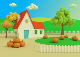 pintoresco paisaje rural con cosecha en estilo de dibujos animados. Representación 3D. casa en el campo de calabazas en el fondo de los anteriores de otoño. foto