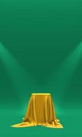 Podium, pedestal or platform covered with gold cloth illuminated by spotlights on green background. Abstract illustration of simple geometric shapes. 3D rendering. photo