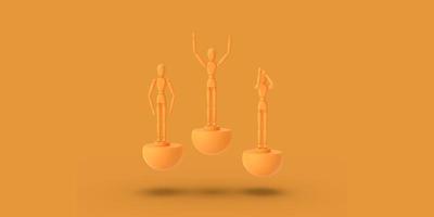 Three toy man of orange color on a sports abstract pedestal. photo
