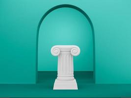 Abstract podium column on the green background with arch. The victory pedestal is a minimalist concept. 3D rendering. photo