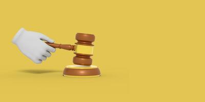 Cartoon hand is holding a judge's gavel. Illustration on color background. 3D-rendering. photo