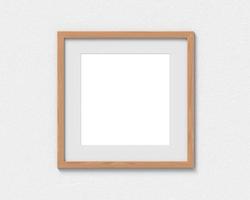 maqueta de marcos cuadrados de madera con un borde colgado en la pared. base vacía para imagen o texto. representación 3d foto