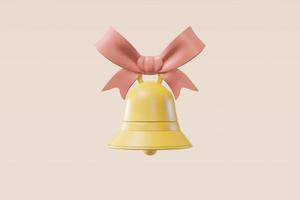 Bell with a ribbon on a light beige background in cartoon style. Concept illustration for christmas card, congratulation, invitation. 3D rendering photo