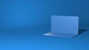 Modern laptop open. Stylish minimal abstract horizontal scene, place for text. Trendy classic blue color. 3D rendering photo