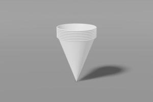 Set of white paper mockup cups cone shaped nested into each other on a grey background. 3D rendering