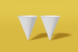 Set of two white paper mockup cups cone shaped on a yellow background. 3D rendering photo