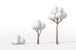 3d rendering of a tree kit - small, medium, large covered with white snow isolated on a white background. Cartoon minimalistic toy style. photo