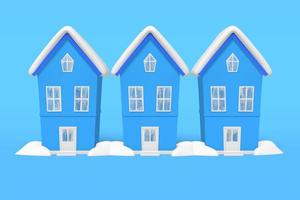 renderizado en 3d invierno tres casas idénticas nieve en el techo, ventisqueros sobre un fondo azul. foto