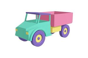 coche de camión con un diseño realista de estilo de dibujos animados de cuerpo en color verde pastel, coral, amarillo, púrpura. niños juguete fondo blanco aislado. concepto de transporte minimalista. representación 3d foto