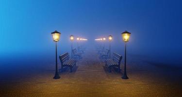 Night park blue fog alley bench lantern. Surrealistic cartoon minimalistic scene lonely, empty. Cinematic light glowing smoke. 3D rendering photo