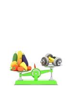 Fresh vegetables and dumbbells on different scales. Conceptual illustration with empty place for text. 3d rendering photo