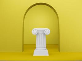 columna de podio abstracta sobre fondo amarillo con arco. el pedestal de la victoria es un concepto minimalista. representación 3d foto