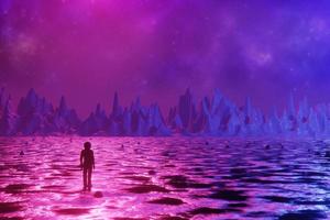 A man, an astronaut stands on the surface of an alien planet. Silhouette against the backdrop of a fantastic landscape. 3d rendering. photo