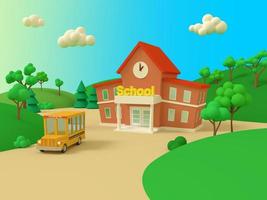 edificio escolar y autobús amarillo con hermoso paisaje de verano verde. De vuelta a la escuela. ilustración de estilo volumétrico. procesamiento 3d foto