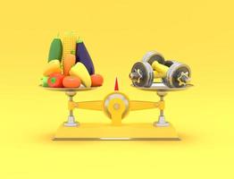 Fresh vegetables and dumbbells on different scales. Conceptual illustration with empty place for text. 3d rendering photo
