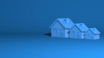 Three houses, large, medium, small. The model is a one-story village building. Stylish minimal abstract horizontal scene, place for text. Trendy classic blue color. 3D rendering photo
