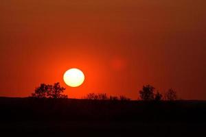 Sun setting behind a bluff in Saskatchewan photo