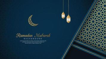 Ramadan Mubarak, Islamic Arabic Blue Luxury Background with Golden Pattern Border Frame vector