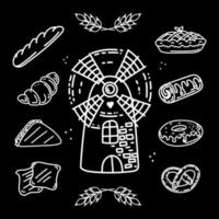 Set of baked goods, hand-drawn elements in doodle style. Mill for grinding grain. Flour products bread, bagel, croissants and sandwich. Spike of wheat. Simple linear vector style for logos, icons.